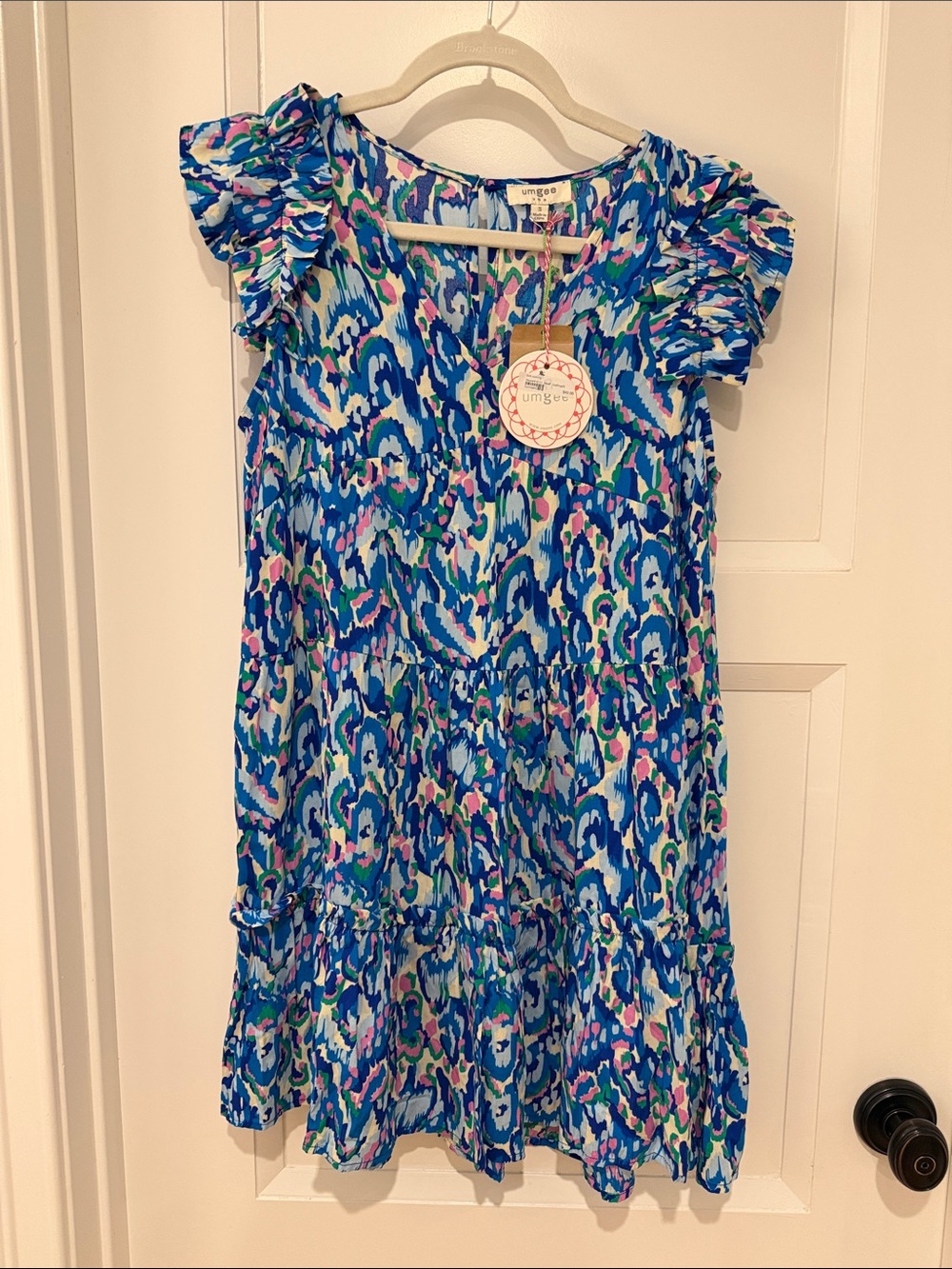 Umgee Blue Multi-Color Floral Ruffle Sleeve Tiered Dress